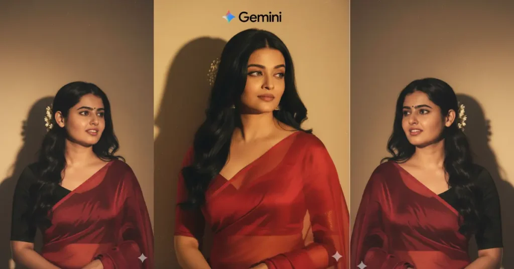 Google Gemini AI Nano Saree, AI saree design, futuristic saree trend, sustainable fashion India, eco-friendly saree, high-tech saree style, modern Indian saree, 2025 saree trends, traditional meets AI fashion, Banana fiber saree