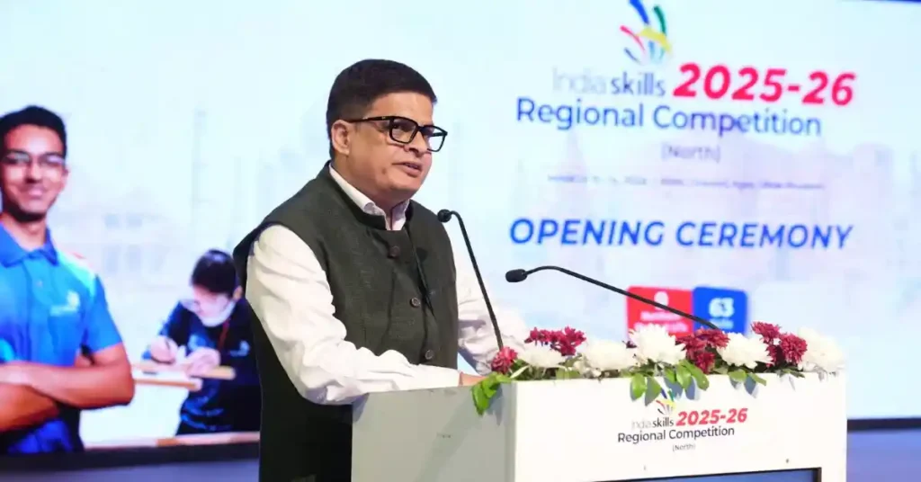 Iनॉर्थ जोन इंडिया स्किल रीजनल प्रतियोगिता, ndia Skills competition agra, NSDC north zone skill competition, Jayant Chaudhary skill development event, Agra skill development news, IndiaSkills regional competition 2026, youth skill competition India, Agra Sur Sadan event news, skill development ministry program India