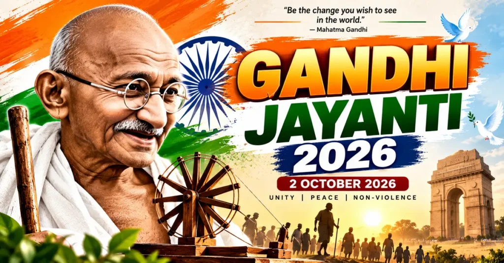 Gandhi Jayanti 2026, गांधी जयंती 2026, 2 अक्टूबर गांधी जयंती, महात्मा गांधी जयंती, गांधी जयंती का इतिहास, गांधी जयंती का महत्व, महात्मा गांधी का जीवन परिचय, गांधीजी के विचार, सत्य और अहिंसा, गांधी जयंती क्यों मनाई जाती है, अंतरराष्ट्रीय अहिंसा दिवस, गांधी जयंती पर निबंध, Gandhi Jayanti date 2026, Mahatma Gandhi 157th birth anniversary