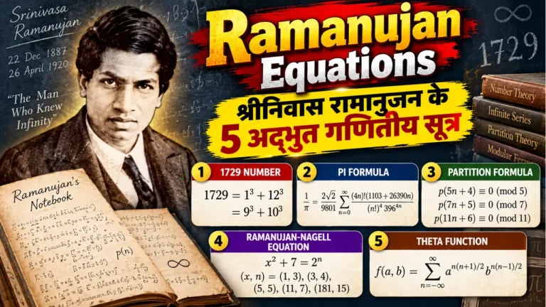 Ramanujan Equations, Srinivasa Ramanujan equations, Ramanujan formulas, Ramanujan 1729 number, Ramanujan Pi formula, Ramanujan partition formula, Ramanujan Nagell equation, Ramanujan theta function, famous equations of Ramanujan, Indian mathematician Ramanujan, श्रीनिवास रामानुजन, रामानुजन के सूत्र, रामानुजन समीकरण, 1729 नंबर का रहस्य, रामानुजन गणितीय सूत्र